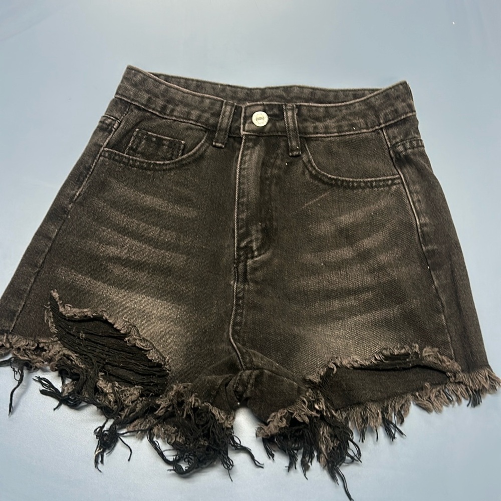 SHEIN XXS Black Ripped Denim Shorts